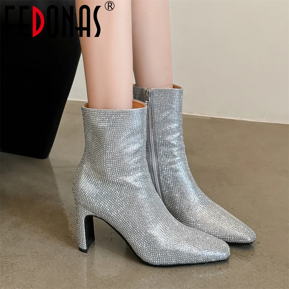 

FEDONAS Sexy Women Gliitters Party Wedding Shoes Woman High Heels Rhinestone Prom Pumps Side Zipper Short Ankle Boots Shoes