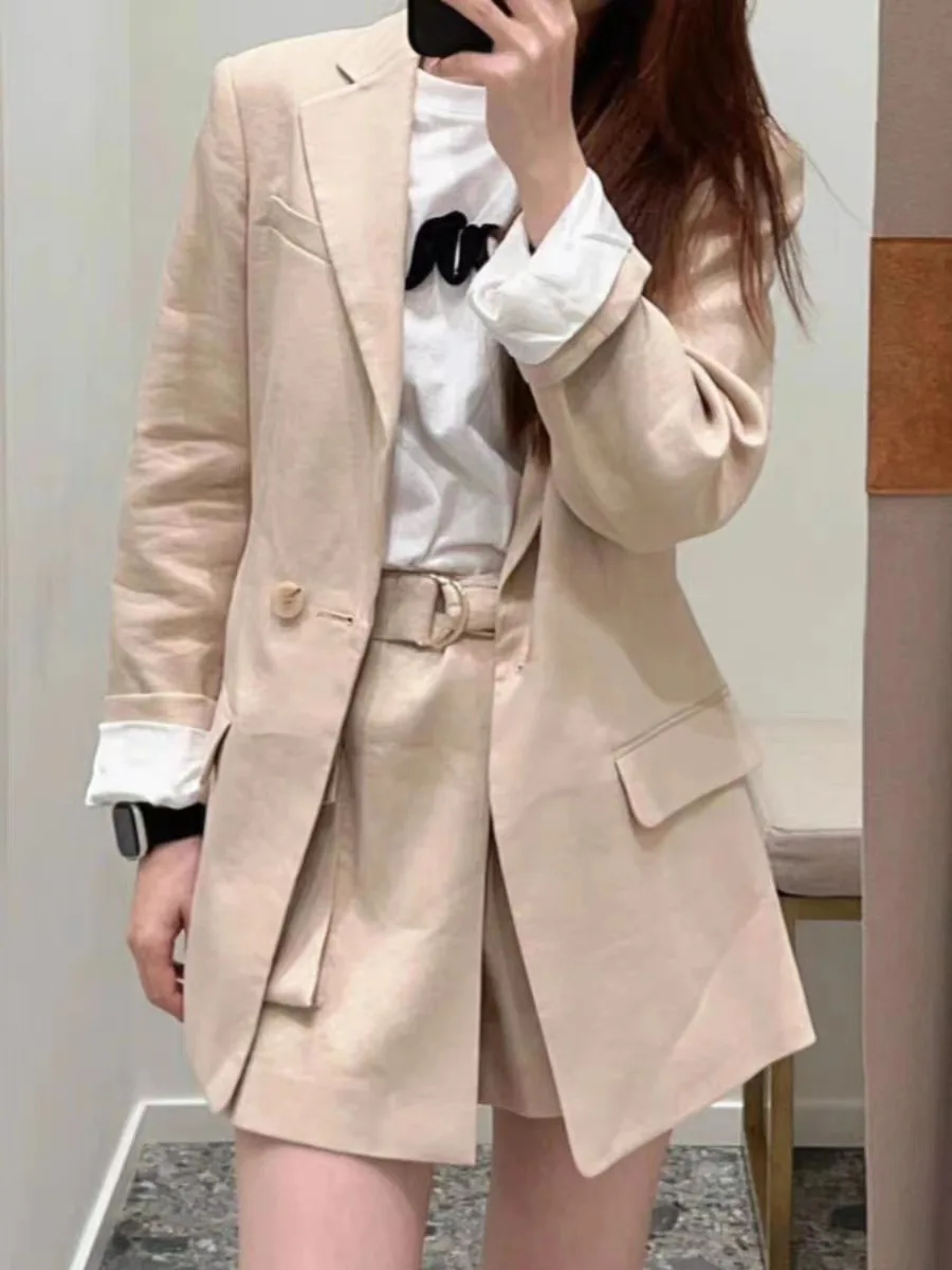 

Women Office Lady Loose Linen Suit Detachable Waistband Blazer or Wide Leg Shorts Skirt With Pockets