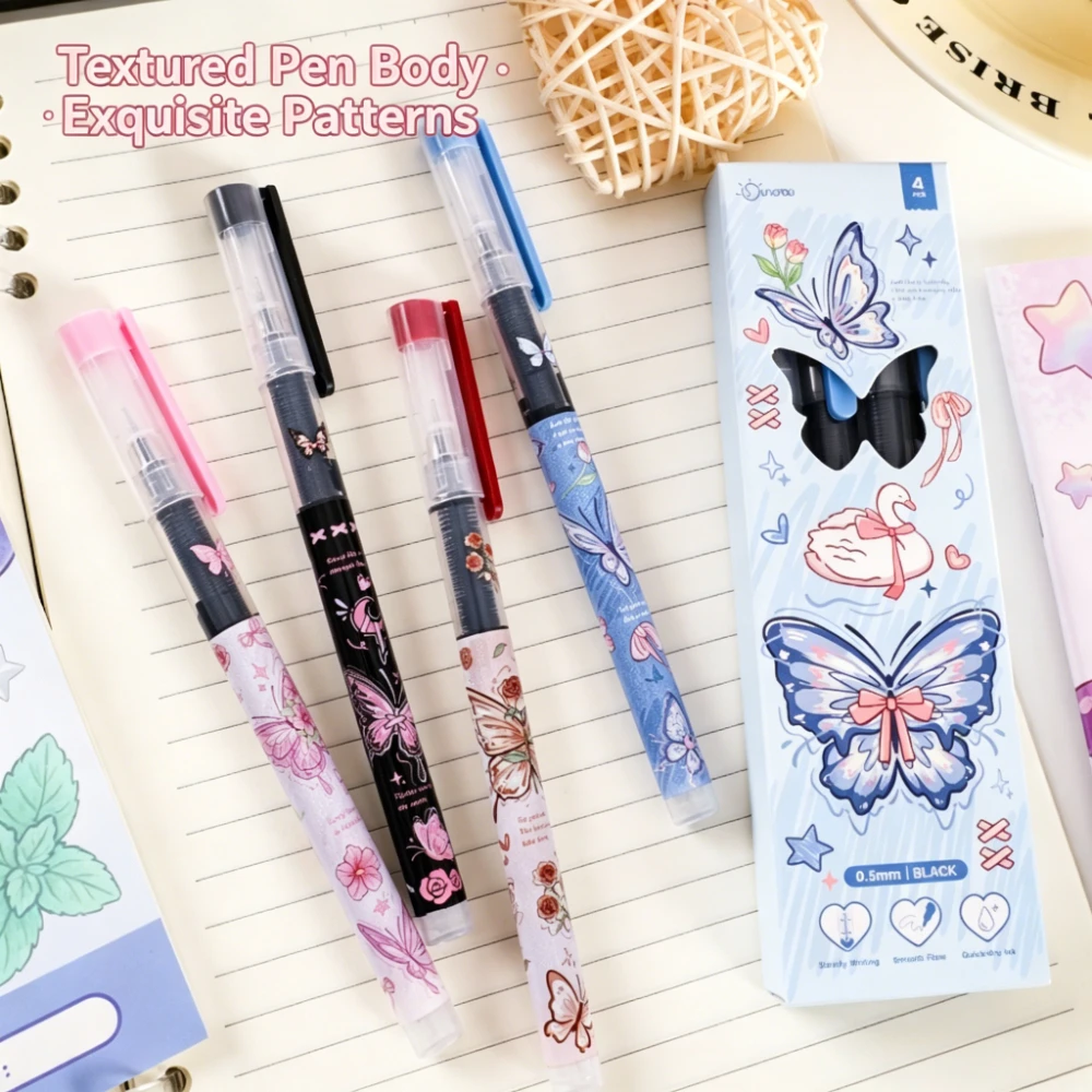 2-Pack (8pcs) Butterfly Theme Liquid Pens with Rose And Bow Print 0.5mm Fine Point Durable Ink Long-lasting Fresh Girl Style Ide