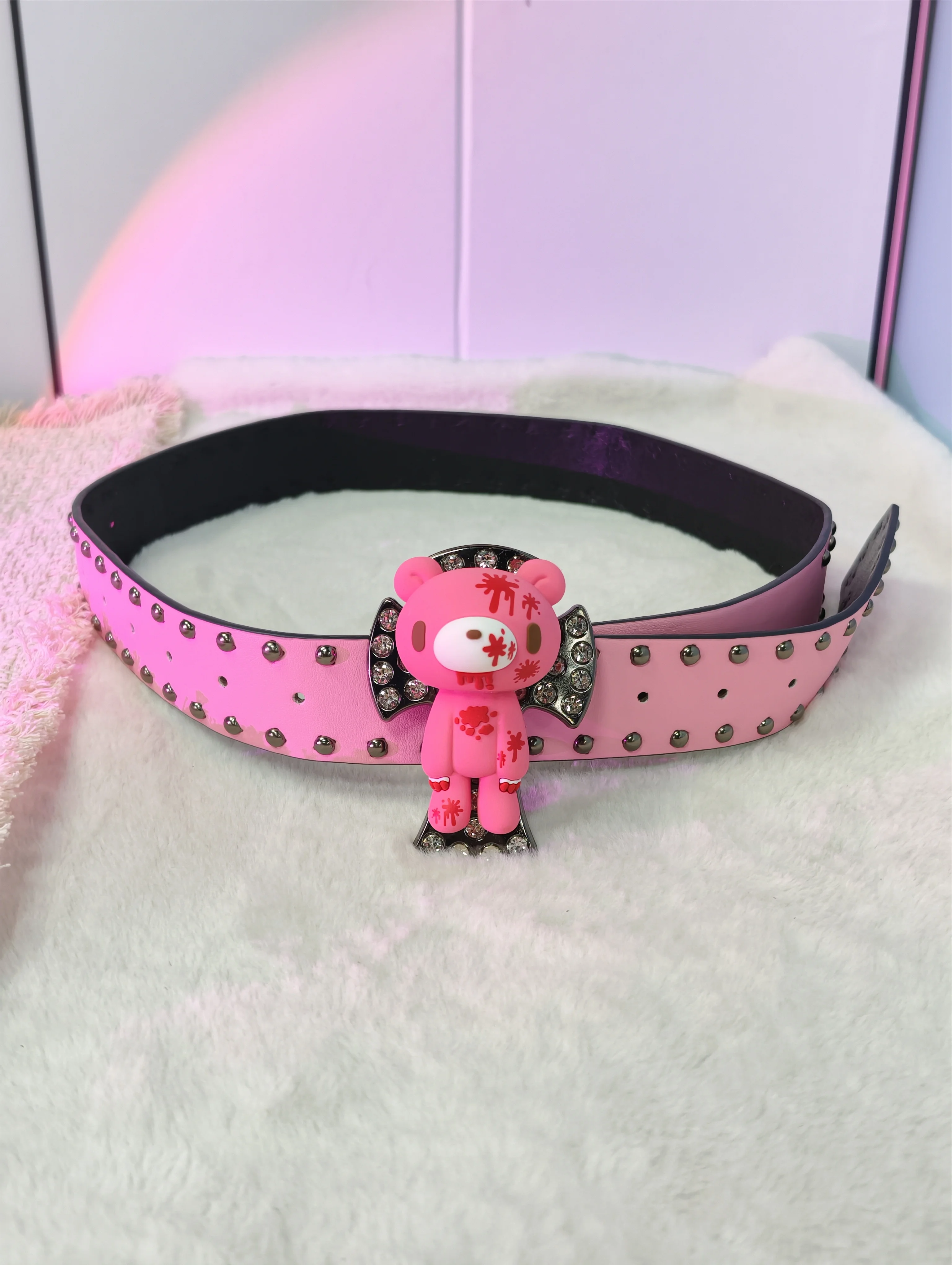 Y2K Pink Rivet Belt Bear Rhinestone Bat Buckle PU Leather Waistband Punk Gothic Harajuku Streetwear Jeans Decor Belt