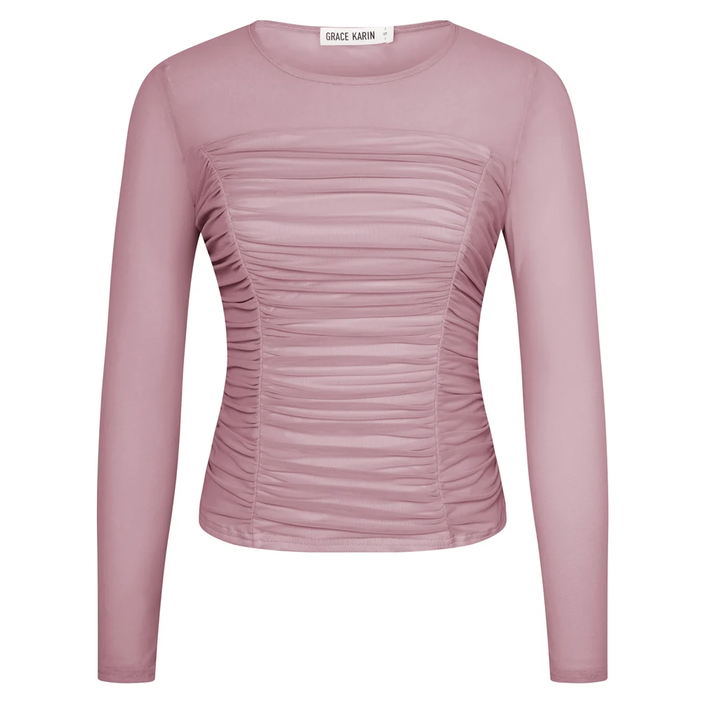 

GK Women Mesh Party Tops Long Sleeve Crew Neck Ruched Front Tops