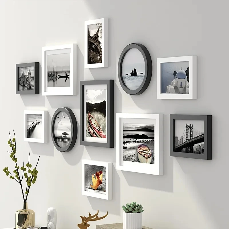 

11 Pcs/Set Simple Modern Style Creative Wooden Photo Frame Round Rectangle Picture Frame Family Wall Decoration painting