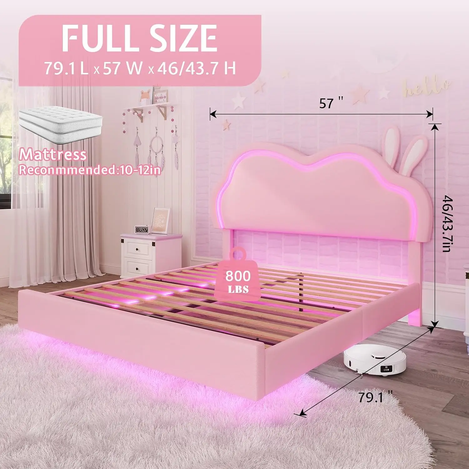 Full Floating Bed Frame with Adjustable Headboard for Girls, Pink | Faux leather upholstered, LED lights, Detachable bunny