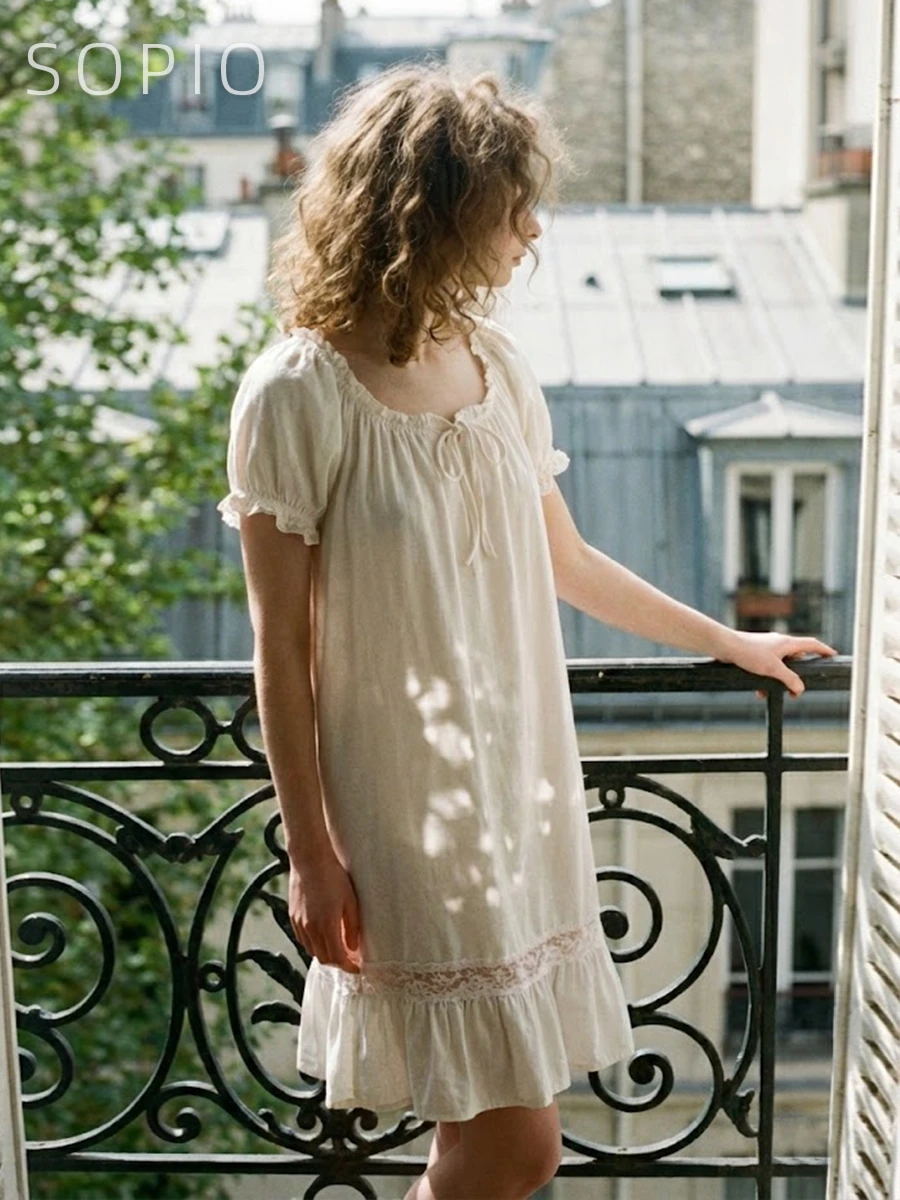 

Ruffle Neck Puff Sleeve Elegant Knitted Cotton Mini Dress Women Summer Lace Patchwork Loose Nightdress Sleepwear Loungewear 2026