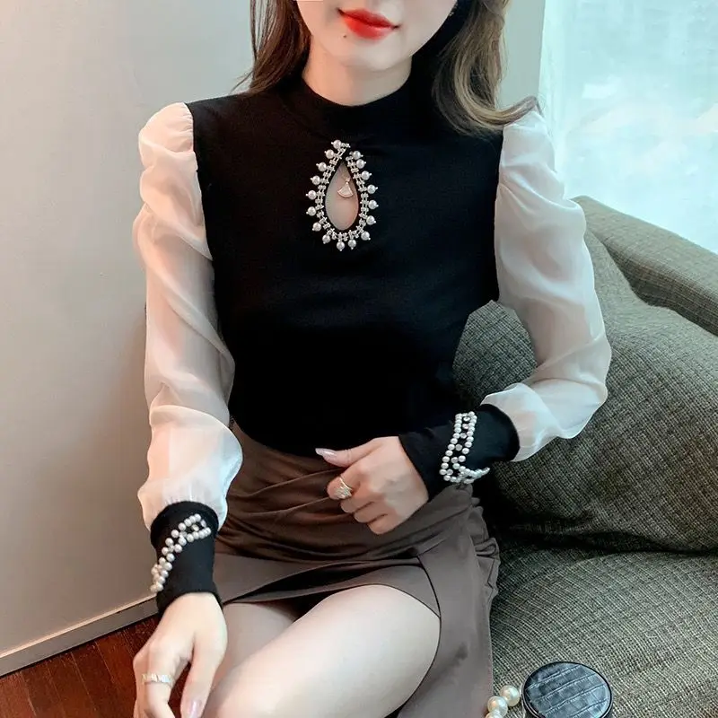 Spring Autumn New Hollow Out Slim Patchwork Shirt Tops Long Sleeve Solid Youth Elegant Tops Tees Fashion Korean Women Clothing