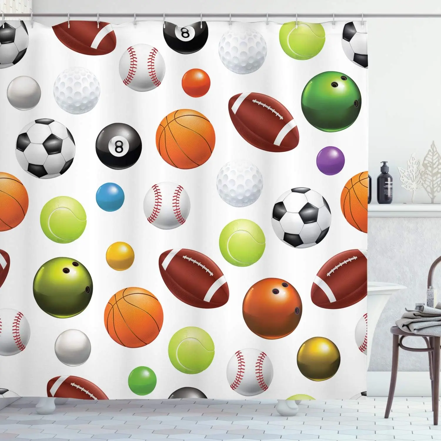 Sports Shower Curtain, Colorful Look Different Type of Balls Various Sports Professional Hobby Leisure Time Activity Themes