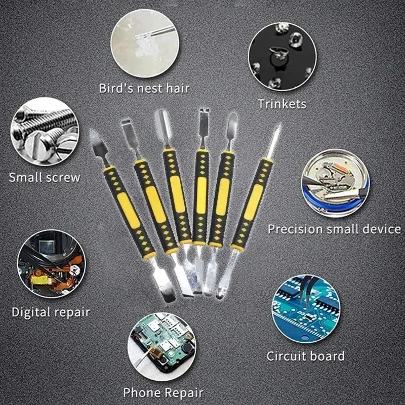 6 pçs metal pé de cabra curioso abertura kit de ferramentas reparo para o telefone móvel notebook cabeças duplas metal spudger casa conjuntos ferramentas manuais