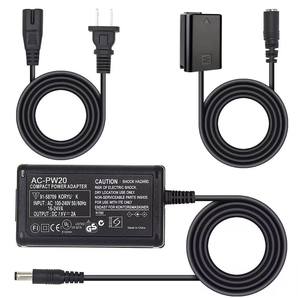 AC-PW20 AC Power Adapter NP-FW50 Dummy Battery Kit for Sony Alpha A5100 A6000 A6100 A6300 A6400 A6500 ZV-E10 A7 A7R Cameras