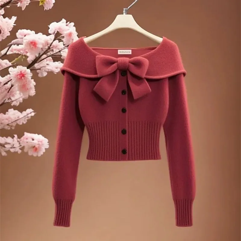 2023 neue Frühling Herbst Winter Gestrickte Jacke Mantel High-End-Wein Fed Bogen Pullover Für Frauen Mode Strickjacke Mantel weibliche Strickwaren