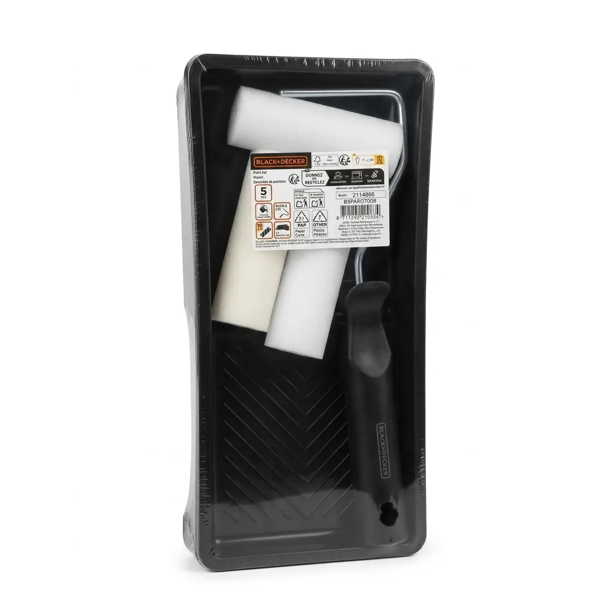 BLACK+DECKER Set de Pintura de 5 Piezas - Kit con Cubeta, Rodillo Ergonómico y 2 Recambios de Espuma (10cm)