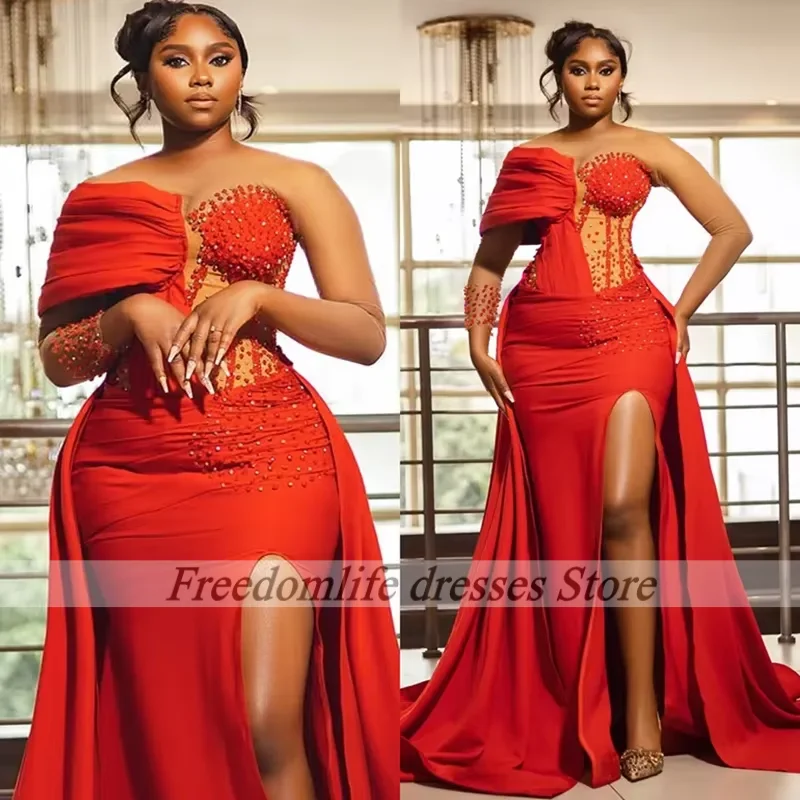 Plus Size Red Prom Dresses Girls Mermaid Illusion Sleeves High Split Charming Party Dress African Girls Customized