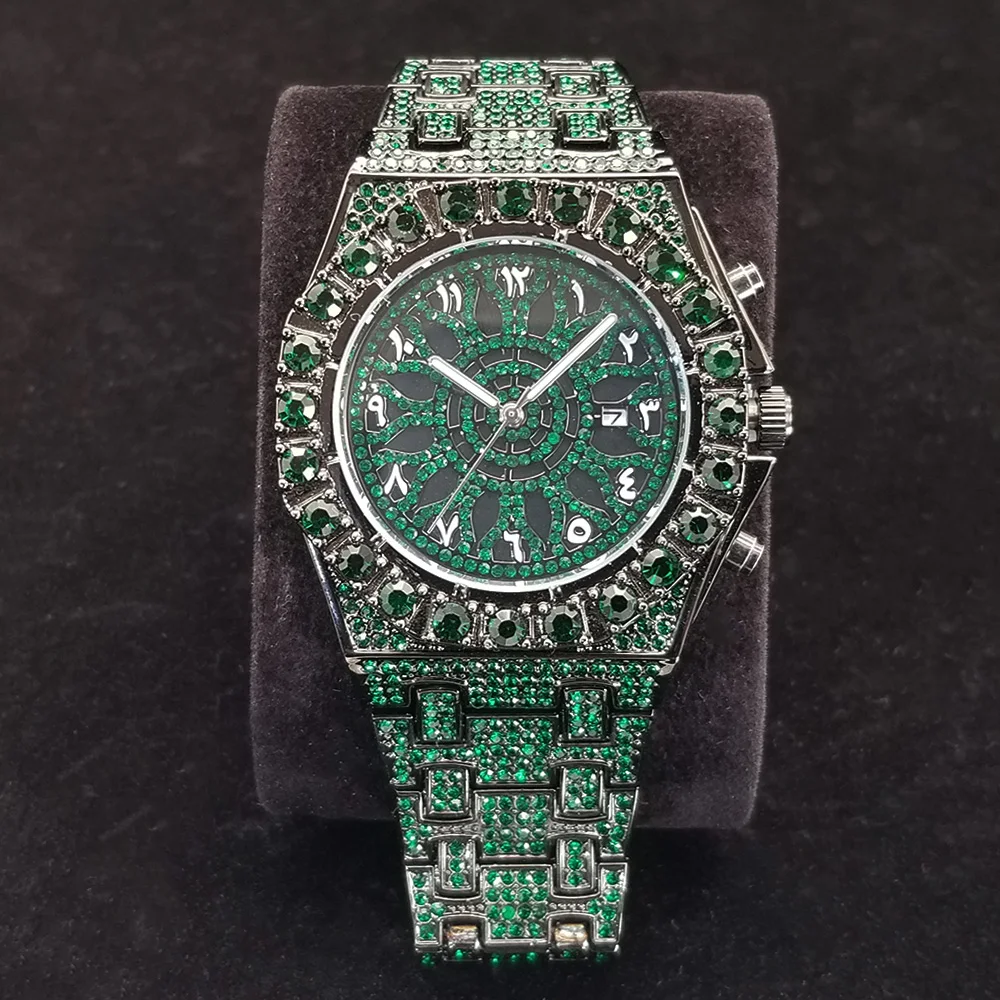Famous Brand Diamond Watch For Men Unique Design Green Gem Quartz Watches High Quality Stainless Steel Waterproof Man Clock Gift