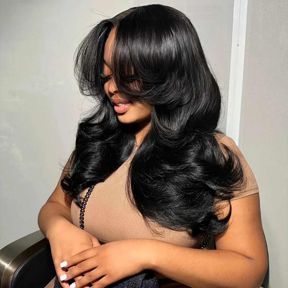 شعر مستعار أسود طويل 26 بوصة بدون صمغ مموج مسبقًا 180% كثافة باروكة أمامية من الدانتيل مع درجة حرارة حرارة BabyHair يوميًا