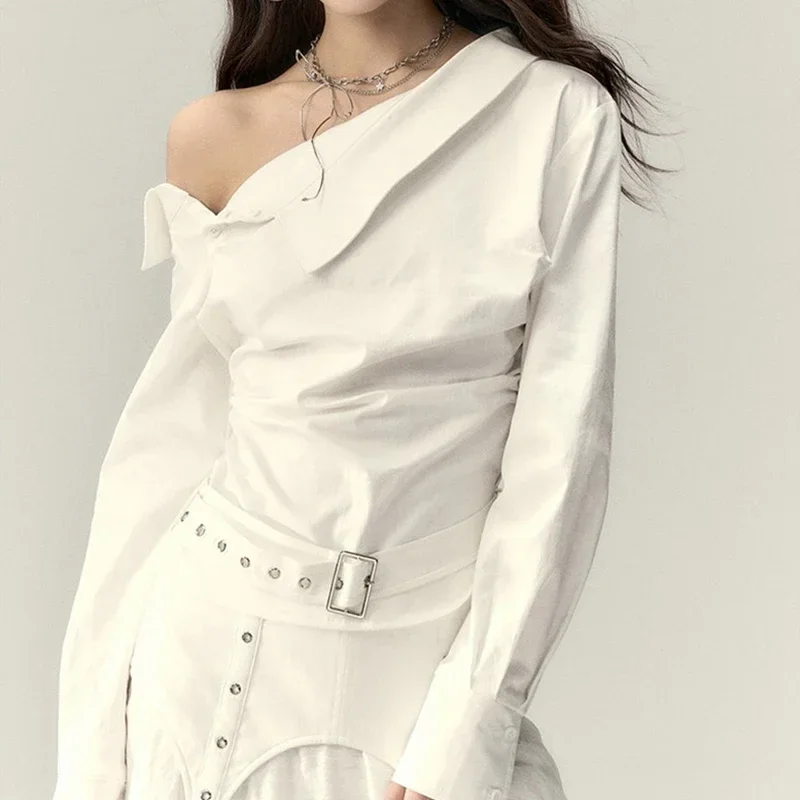 

Korean White Belt Shirts Women Sexy Skew Collar Fashion Blouses Summer Off Shoulder Long Sleeve Design Slim Camisas Tops