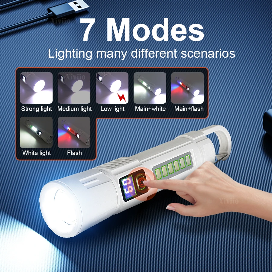 Powerful Super Bright Flashlights 100000000 Lumens Telescopic Zoomable Torch Camping Long Range Portable Tactical Lamp with Hook