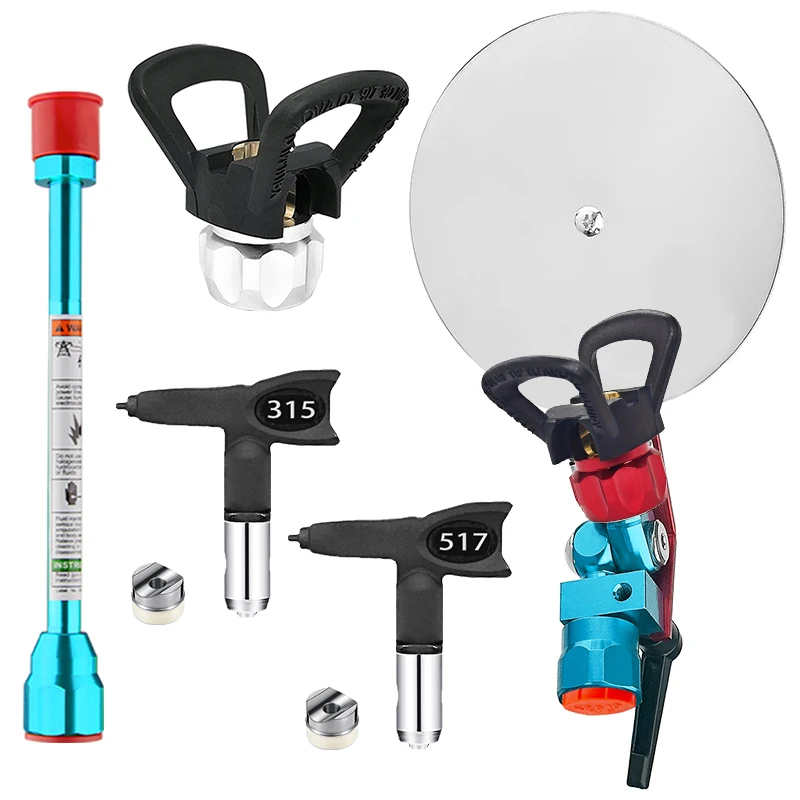 7-piece airless sprayer set, including 1 rotary joint, 1 disc baffle, 2 rotating nozzles, 1 × 7.87-inch extension rod, and 2 spr