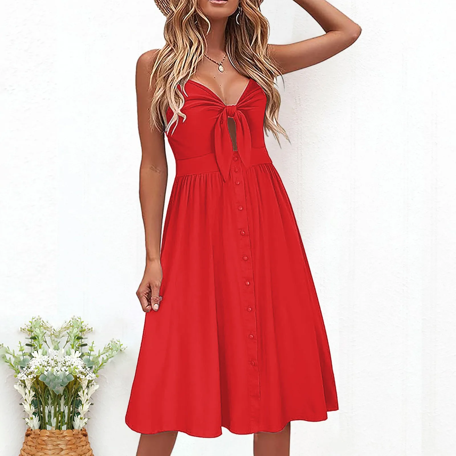 

Solid Spaghetti Strap Buttons Dress Bow Backless Midi Vestidos Sexy Summer Women Dress Casual Sundress Female Vintage Dresses