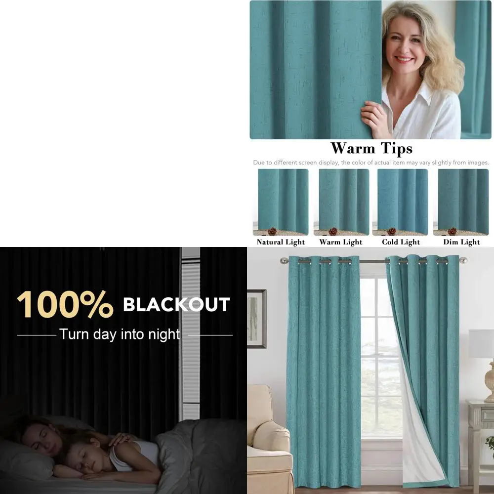 

Thermal Insulated Linen-Textured Blackout Curtains, 84, 100% Blockout, Energy-Efficient, Teal, 2-Panel Set with White Liner