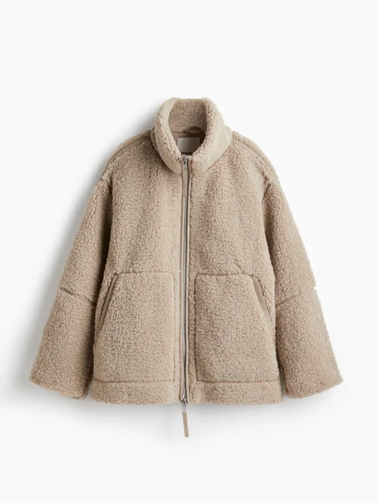 

2025 Cozy Lady Stylish Winter CasualOuterwear Women's Light Brown Stand Collar Zipper Fuzzy Short Jacket Two Front Pockets Coat