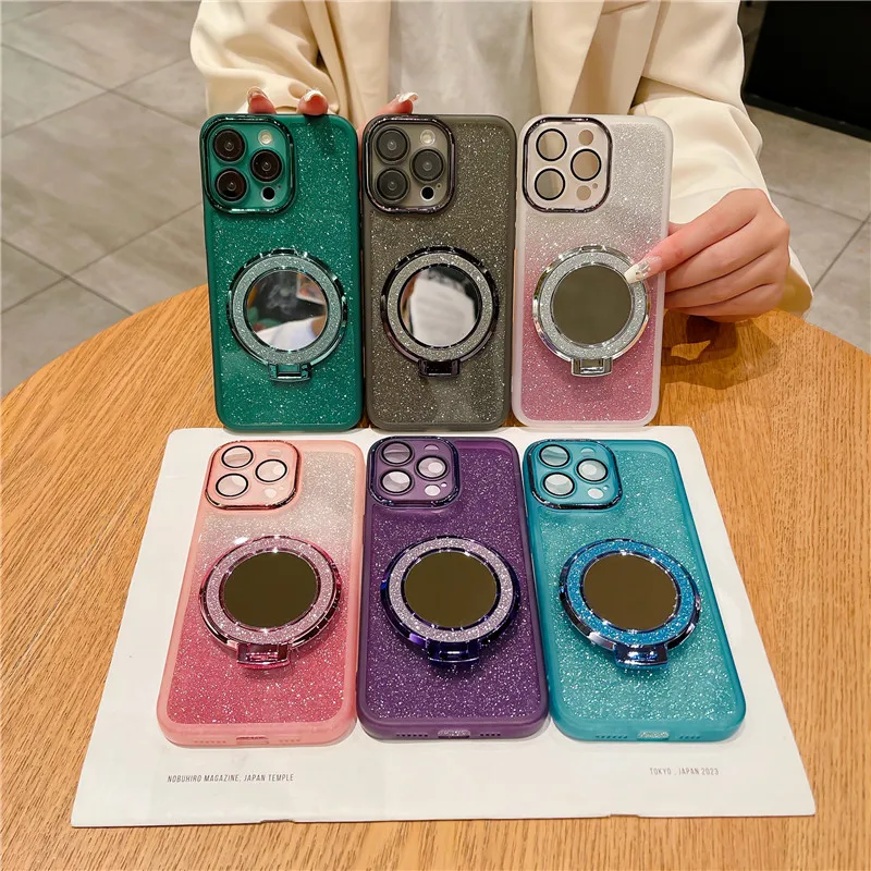 Lens Full Protect Glitter Magnetic Phone Holder Mirror Case for iPhone 15 Pro 14 Plus XR 13 12 11 X XS 7 8 Plus Fashion Cover