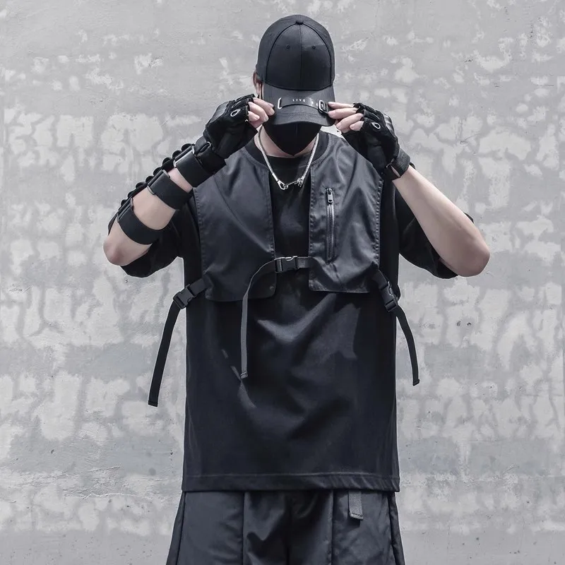 Techwear-男性用タクティカルパッチワークTシャツ,機能的な夏のストリートウェア,原宿,黒のTシャツ2023