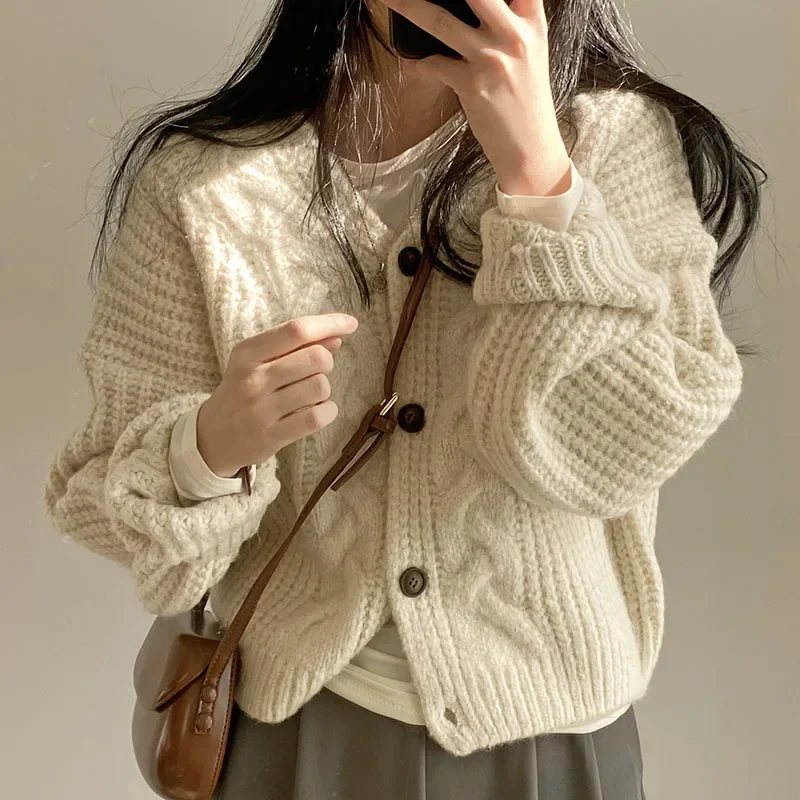 ABRINI Women Fall Loose Sweater Casual V-Neck Cardigan Sweater Button Up Knit Short Jacket Winter Warm Sweet Long Sleeved Coat