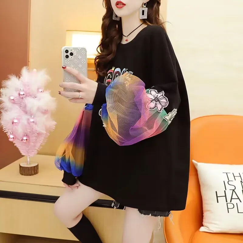 Oversized Women Hoodies Rainbow Gauze Puffy Sleeve Sweatshirt Korean Style Autumn Long Sleeve Hooded Female Pullovers Tops