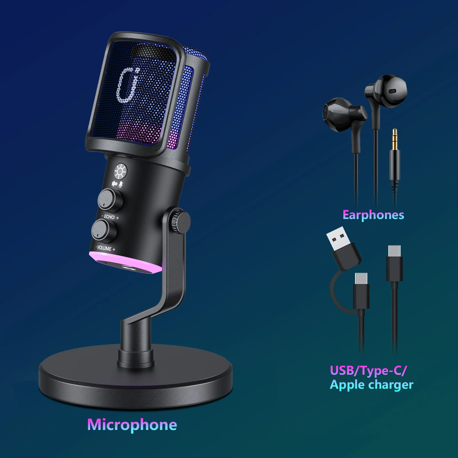 USB/XLR Dynamic Microphone for Podcast Recording, PC Computer Gaming Streaming Mic with RGB Light, Mute Button, Headphones Jack