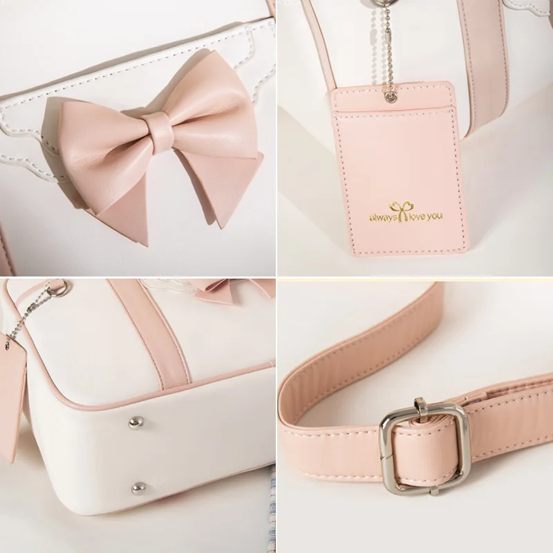 Kawaii Bow JK Uniform Shoulder Bag for Women Student School Bag Sweet Lolita Ladies Messenger Bag Cute Girl Totes Pu Leather