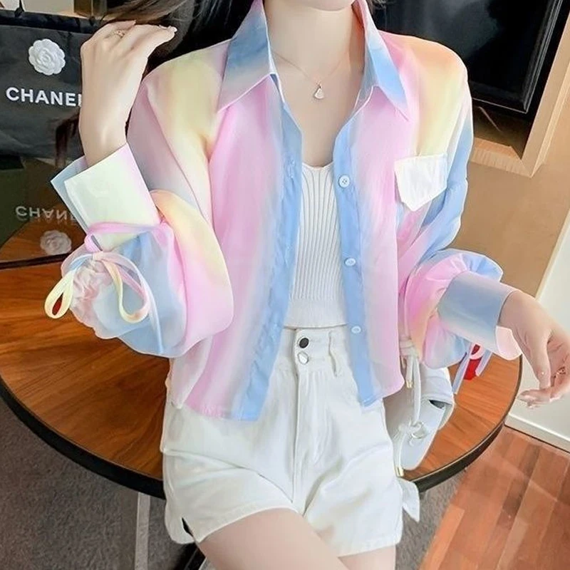 Summer New Tie Dye Drawstring Thin Short Shirt Tops Long Sleeve Polo Neck Pockets Trend Blouse Fashion Casual Women Clothing