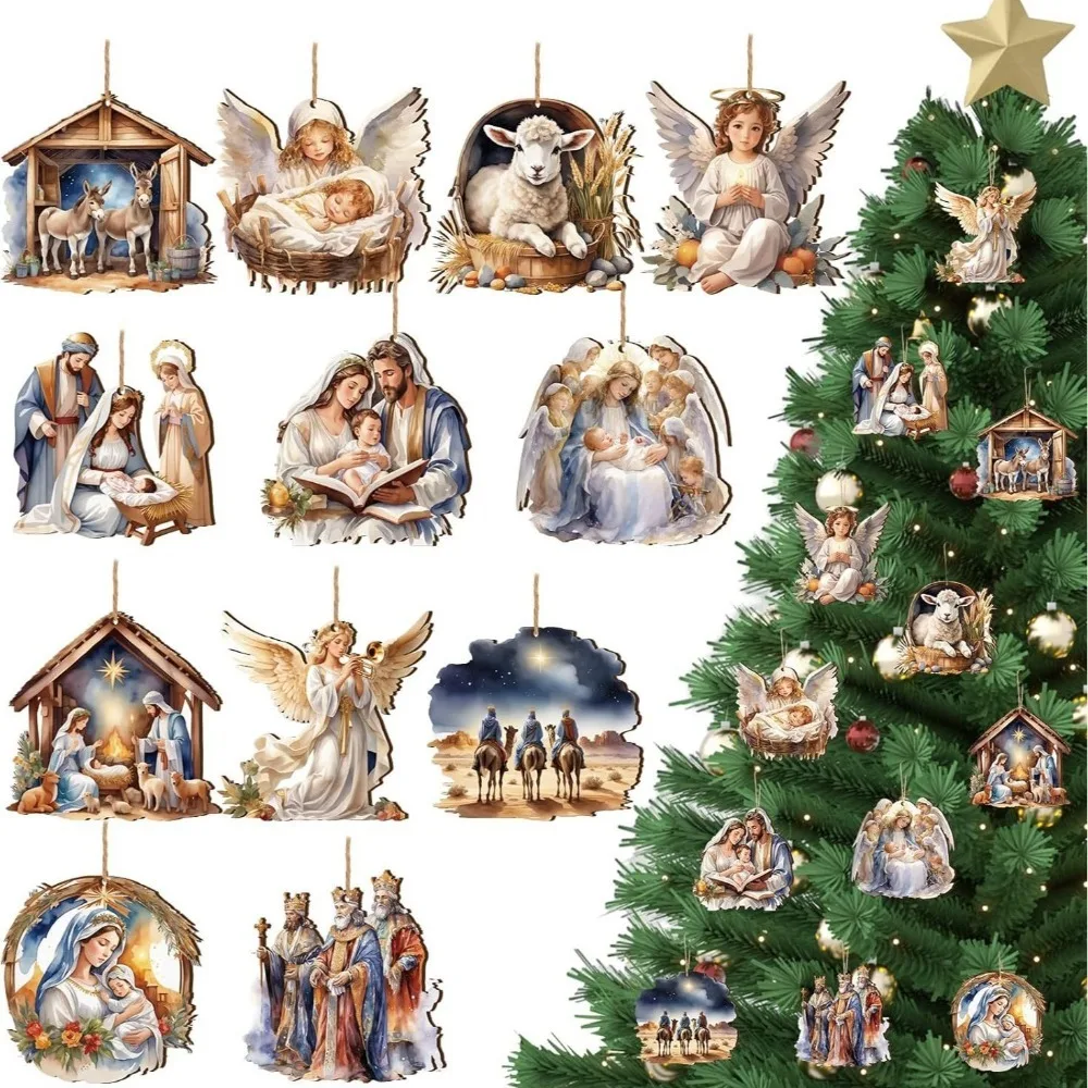 

12/24/36pcs Wooden Christmas Nativity Pendant Christmas Tree Decoration Hanging Painted Pendant Flat Shape Thatched Hut