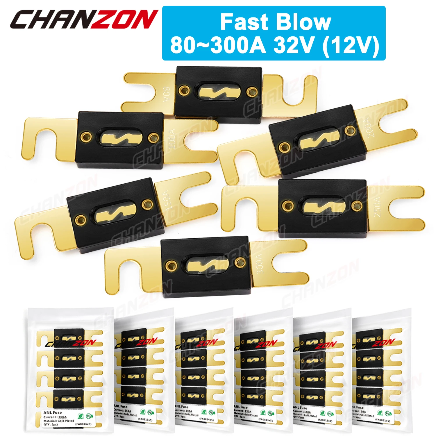 5pcs ANL Auto Blade Fuse Electric 80A 100A 150A 200A 250A 300A 5V 12V 24V 32V Fast Blow Blo Electric Bolt-on Cutoff Fusee