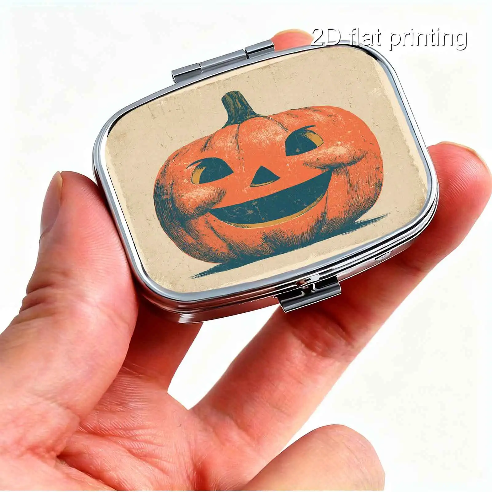 1Pc Flat Printing Pill Box, Portable Metal Material, Halloween Vintage Paper-Style Pumpkin Lantern Square Print, Vintage Warm-Toned Watercolor Square Design Capsule Box, Vitamin Compact Pill Organizer with Compartment Design, Practical Gift, Portable and Easy to Carry