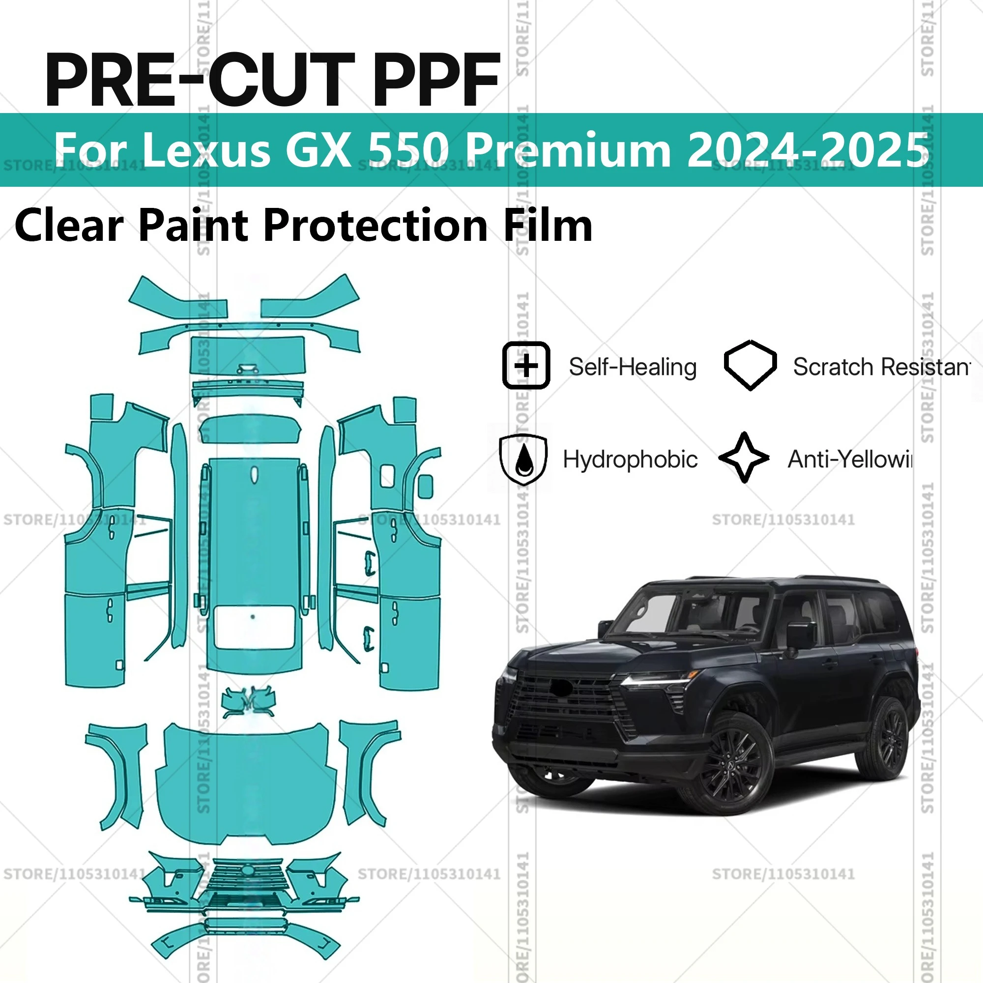 

Для Lexus GX 550 Premium 2024-2025: Предварительно вырезанная прозрачная защитная пленка (PPF) для автомобиля, полный комплект для всего кузова