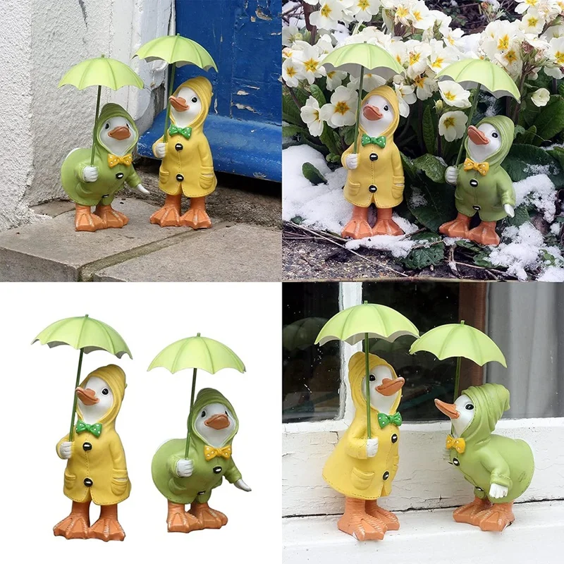 2Pcs Garden Ducks Statues, Garden Resin Ornament With Umbrella Garden Resin Ornament Garden Duck Outdoor Decoration