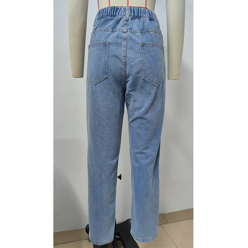 Vintage Pearl Beaded Jeans Women's Autumn New Streetwear Washed Denim Pants High Waist Loose Straight Long Trousers