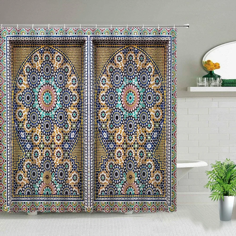 Waterproof Fabric Shower Curtain Arabic Arch Morocco Antique Doors Print Bath Screen Old Wooden Door Bathroom Curtains With Hook