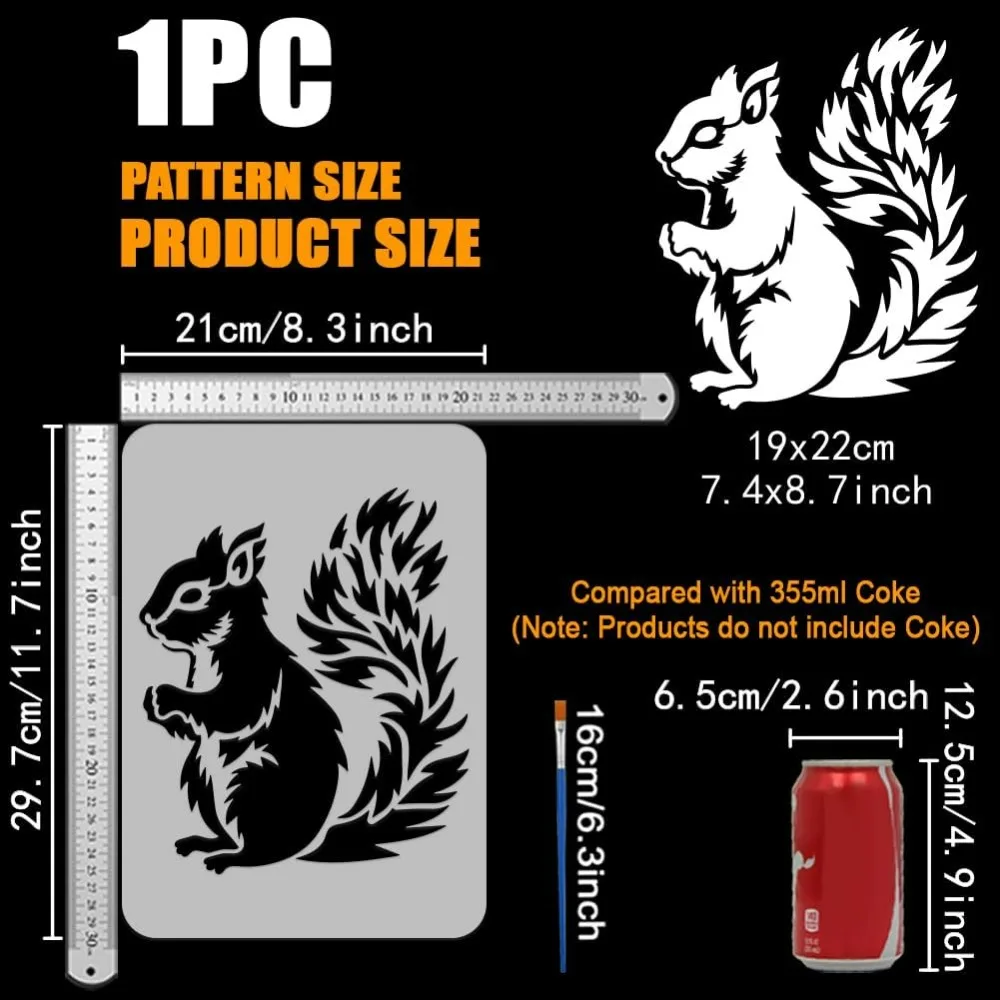 Realistic Squirrel Stencil with Brush 8.3x11.7inch Squirrel Pattern Template Animal Squirrel Stencil Animal Theme Template