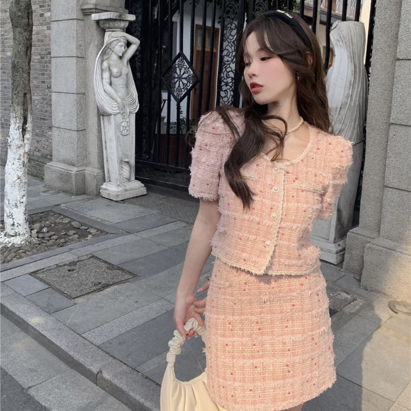 Small Fragrance Suit Female Summer New Korean Temperament Top+hip Skirt Pink Short Skirt Little Man Birthday Princess Dress