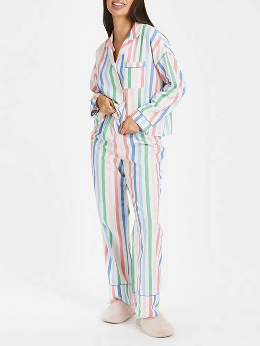 Sweet Y2k Striped Pajama Set Long Sleeve Lapel Top and Elastic Waistband Pants Set 2024 Autumn Women\'s Sleepwear Loungewear