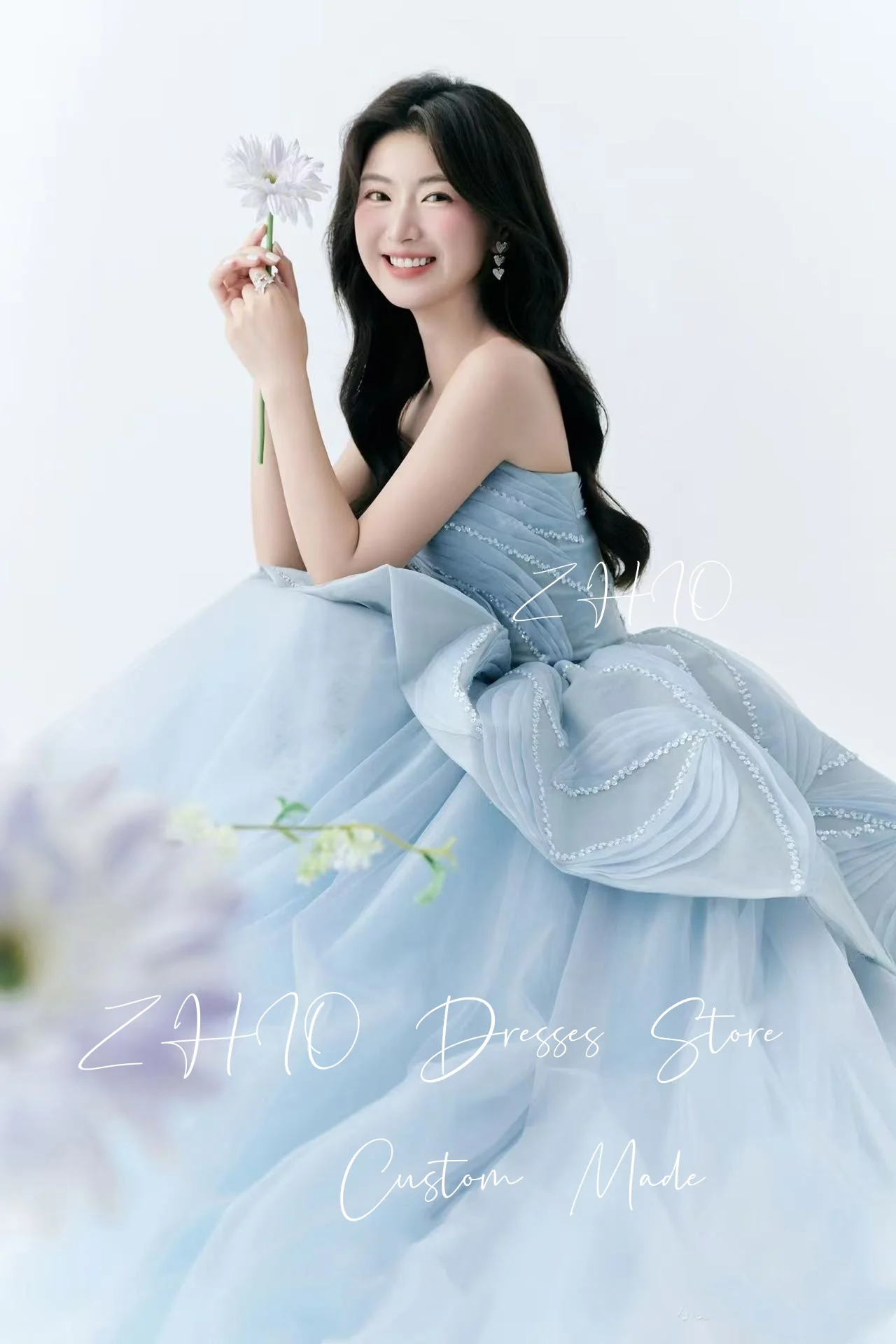 ZHIO Sweet Blue Wedding Dress Beading Strapless A-Line Tiered A-Line Tulle Korea Photo Shoot Bridal Gown Customized Elegant