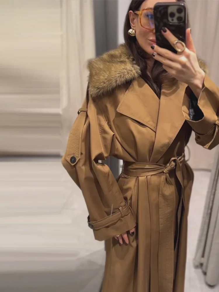 

Женское пальто-тренч А-силуэта с меховым воротником и поясом на талии, модное, длинное ​ Новинка 2026: Офисный костюм с завышенной талией и облегающим кроем для осени
