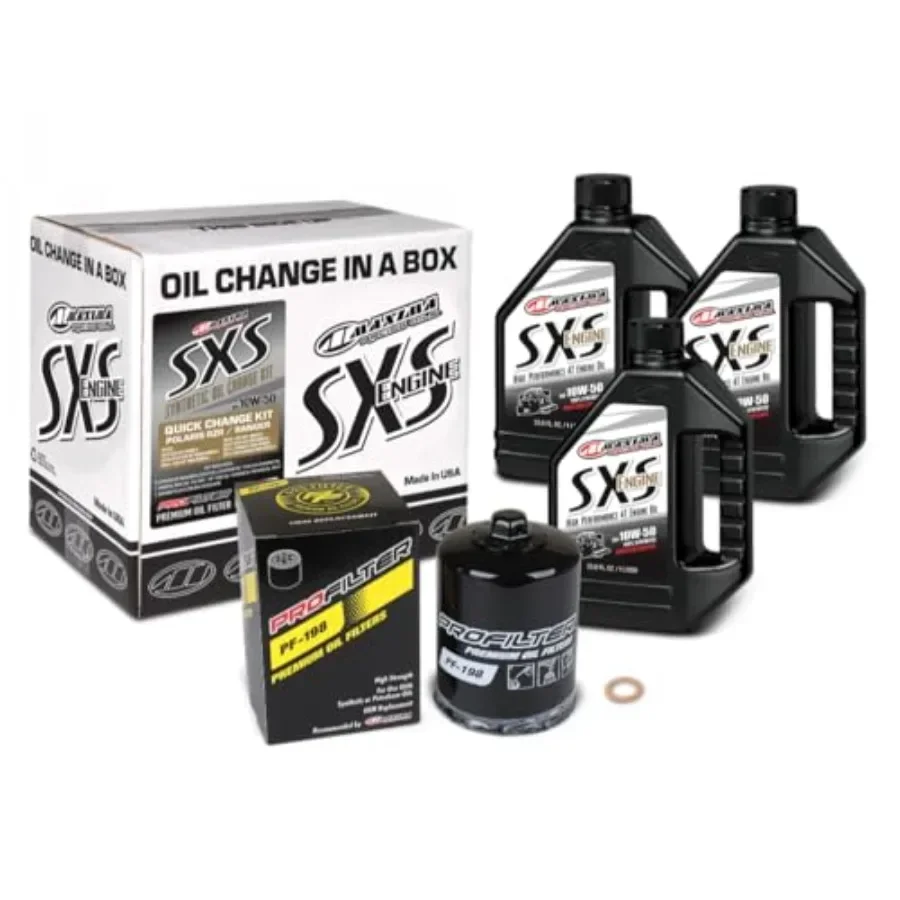 

Racing Quick Change SxS 10W-50 Polaris Engine Oil Change Kit for off-road vehicles, synthetic blend, black, includes filter and