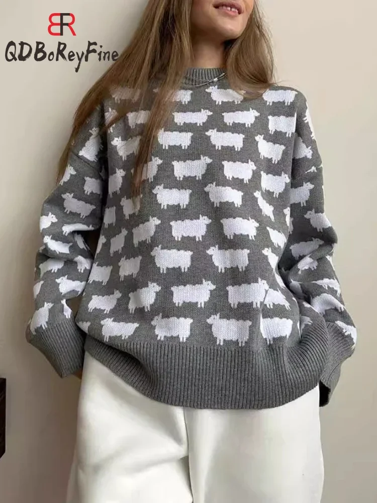 Women\'s Oversize Sweater Winter Autumn Animal Printed O-Neck Casual Jumpers Knitted Long Sleeve Tops Loose Office Pullovers 2024