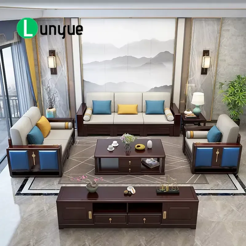 Modern Simple All Solid Wood Modular Retractable Rotating Sofa Set For Small Apartment Hotel Luxury Chinese Furniture