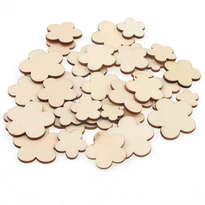 50pcs 15-30mm Blank Wooden Flower Cutout Discs Unfinished Wood Chips Crafts DIY Decoration Wedding Display Decor Festival Arts