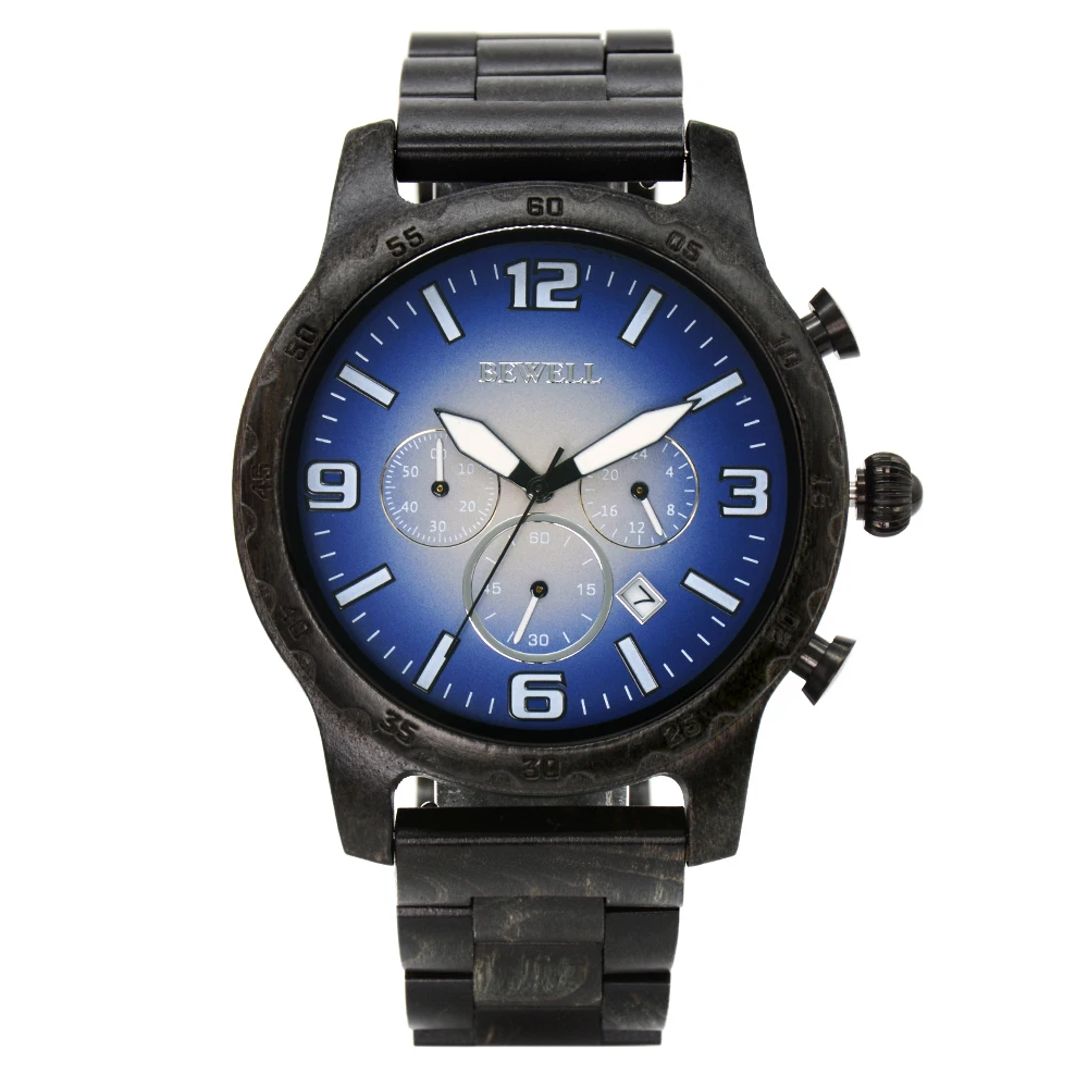 Luxury Round Wooden Chronograph Watch for Men with Date Display 3 Sub-Dials Handmade Light Weight Luminous Quartz