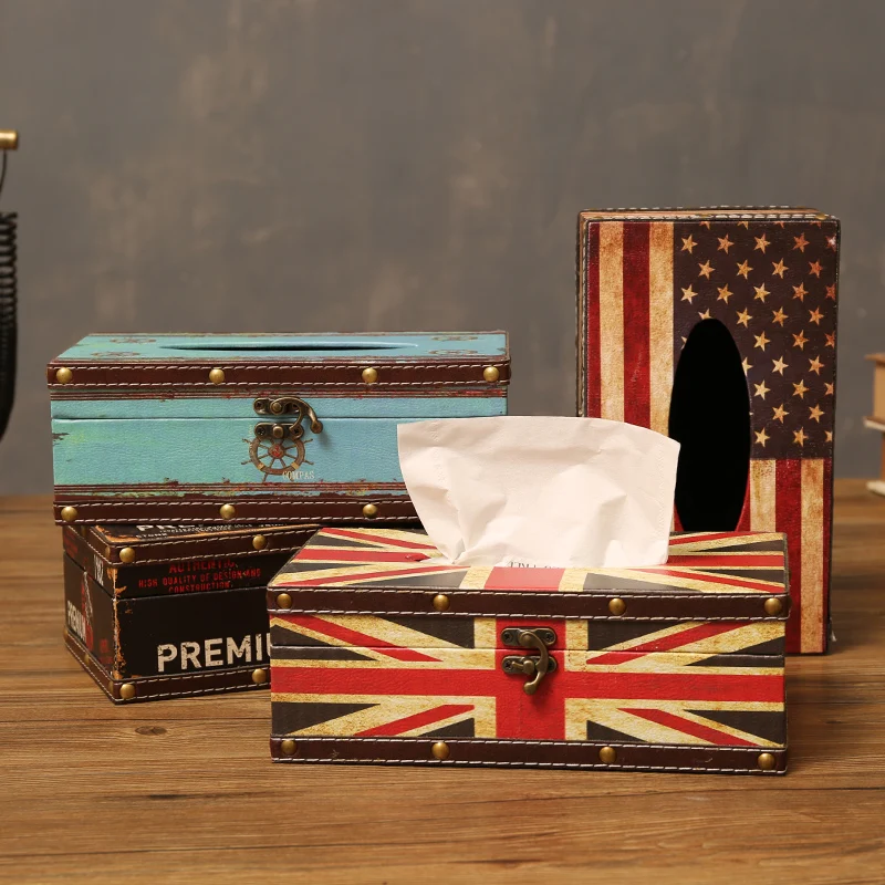 Vintage Tissue Box Industrial Style Paper Extraction Box American Chart Drum Personality Tissue Box Dining Table Leather Napkin