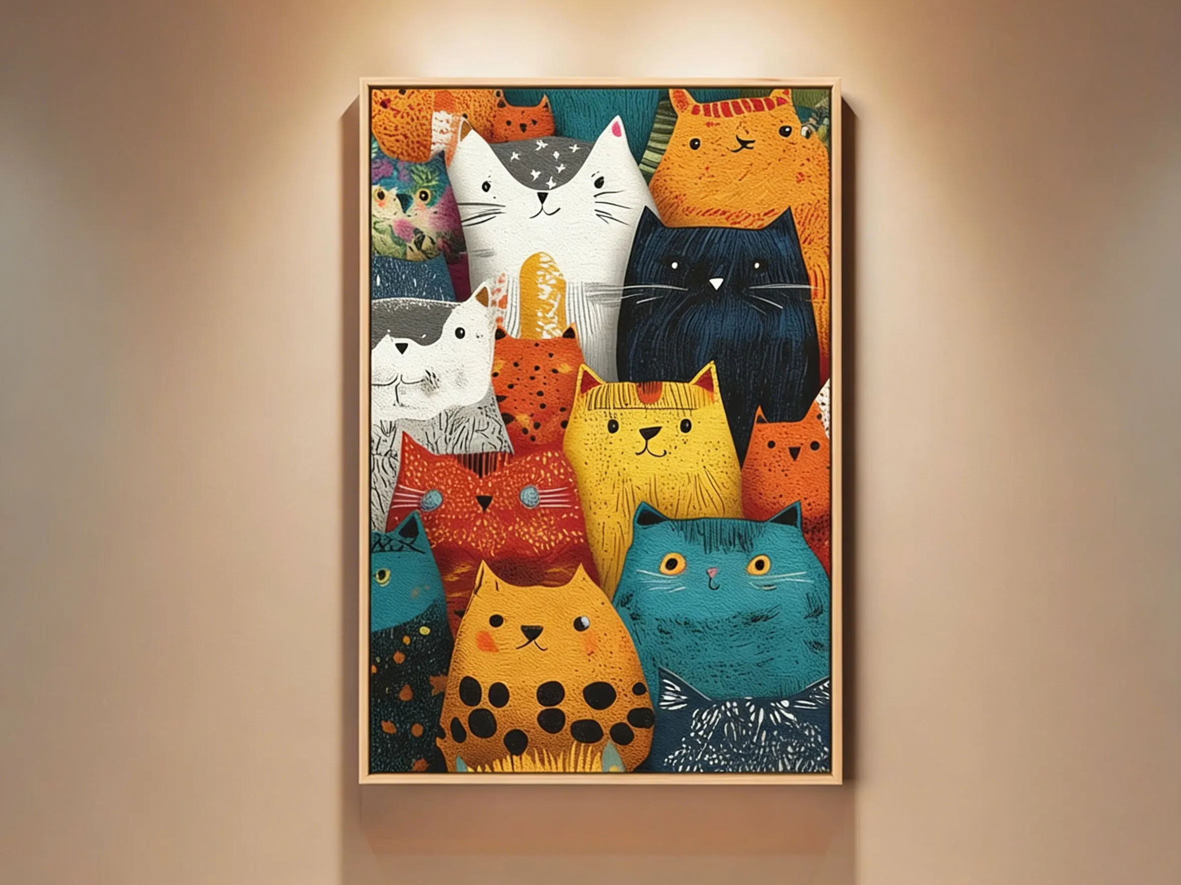 Katzenliebhaber-Geschenk Kunstdruck, Farbenfrohe Katzenfamilie Wandkunst, Eklektische Heimdekoration, Geburtstagsgeschenk für Katzenmütter, Schlafzimmer-Kunst