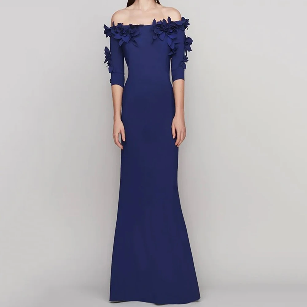 

Customized Mermaid Evening Dresses Floor-length Off The Shoulder Half Sleeve Prom Gown Fashion Flowers Simple Draped Party Gown